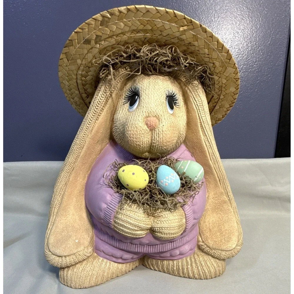 Vintage Clay Magic Ceramic Standing Sock Bunny Figurine Easter Straw Hat 1991